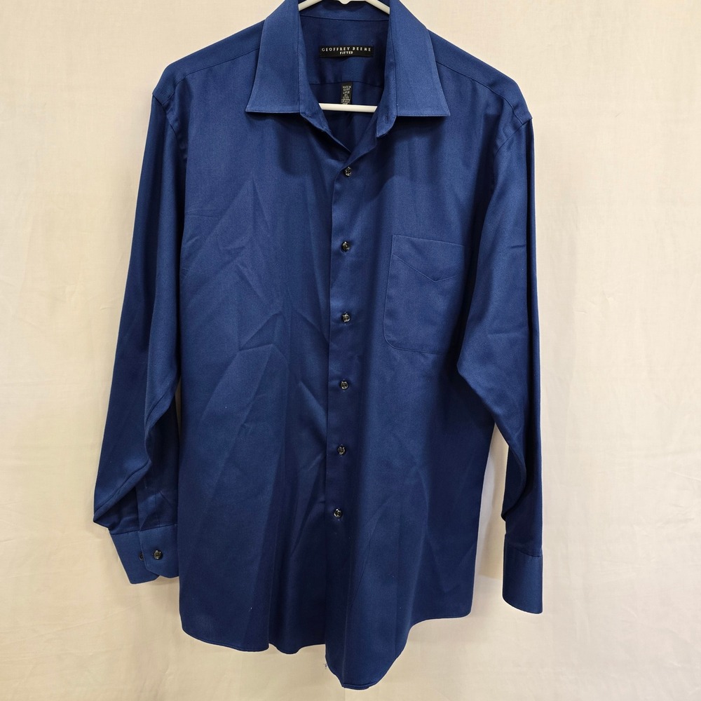 Geoffrey Beene Mens Fitted Dress Shirt Navy Blue Wrinkle Free 16.5 32/33 Large